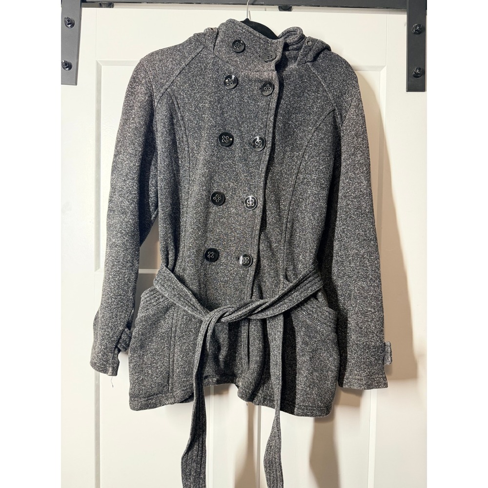 Sebby Hooded Pea Coat Women XL Gray Tweed Double Breasted Belted Good Condition